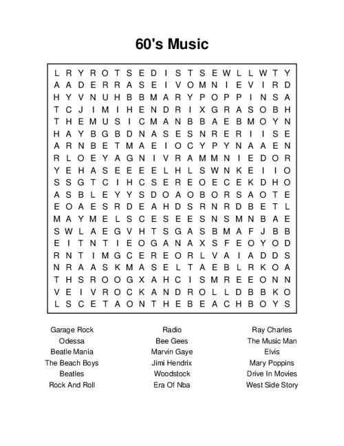 60's Songs 1 (solution) - Large Print Word Search Puzzle