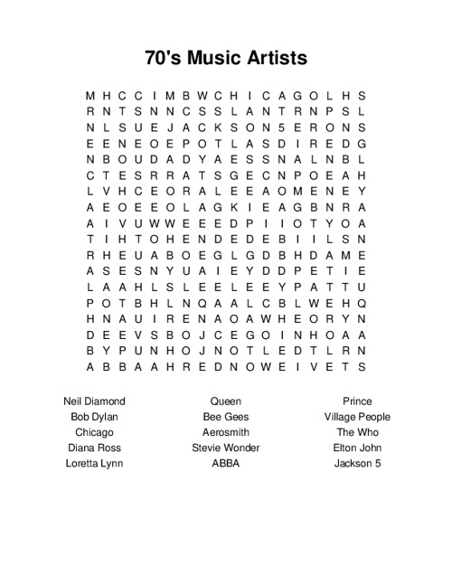 70s Music Artists Word Search Puzzle