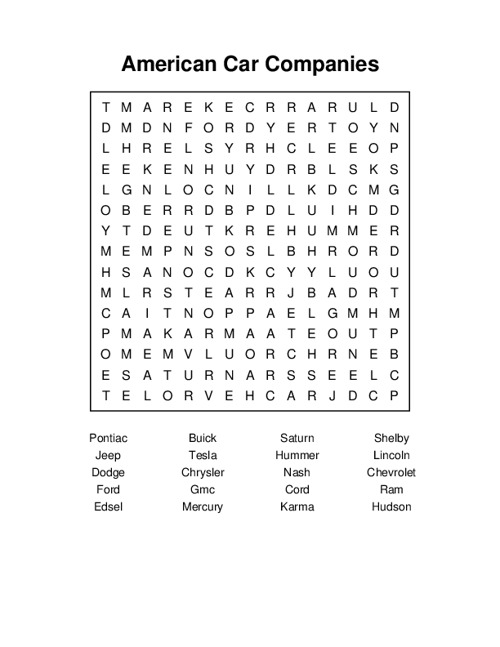 American Car Companies Word Search Puzzle