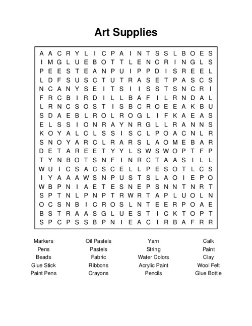 Art Supplies Word Search Puzzle