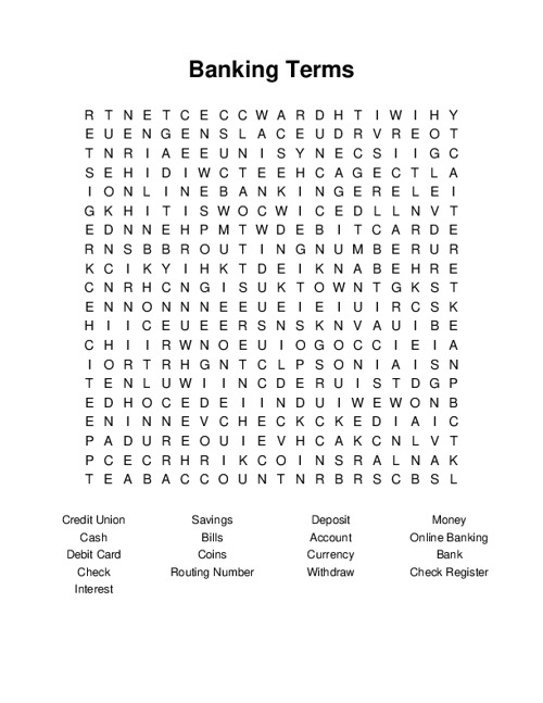 Banking Terms Word Search Puzzle