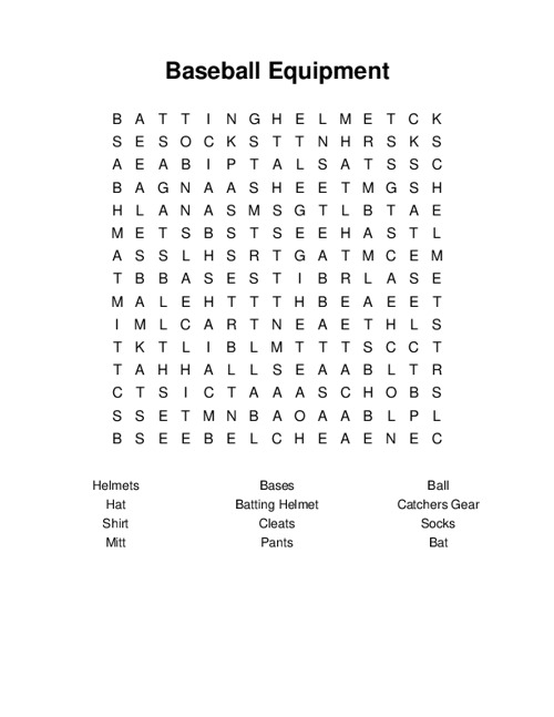 Baseball Equipment Word Search Puzzle