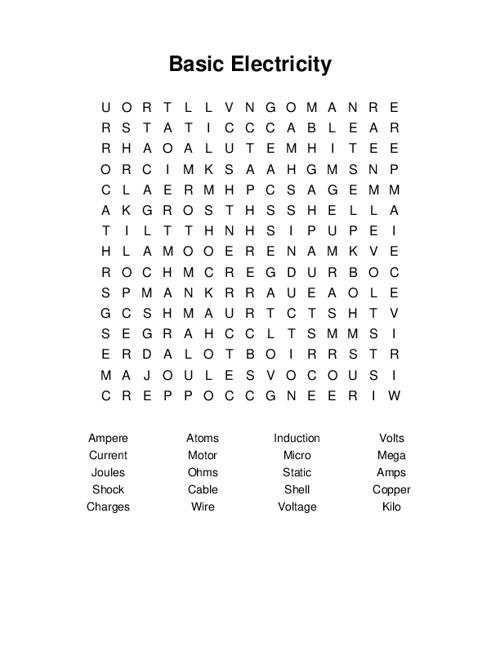 Basic Electricity Word Search Puzzle