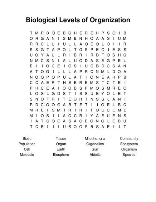 Biological Levels of Organization Word Search Puzzle