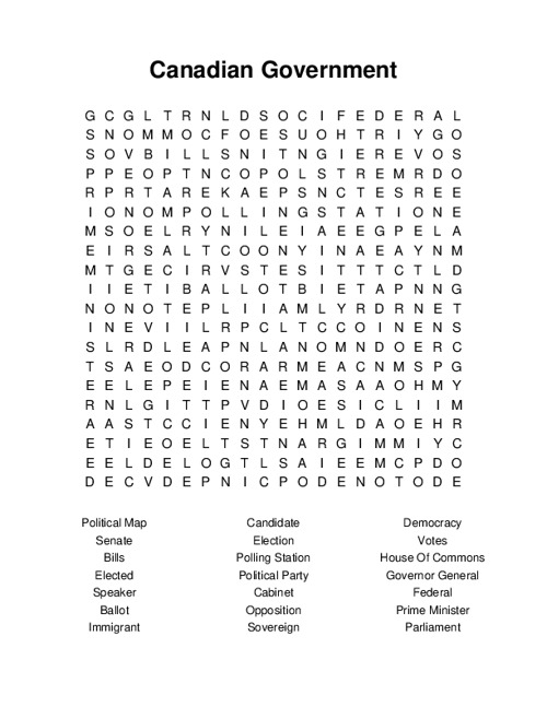 Canadian Government Word Search Puzzle