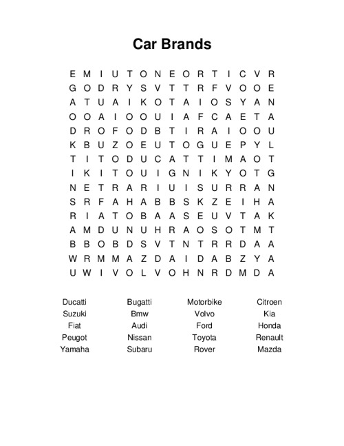 Car Brands Word Search Puzzle