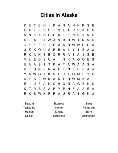 Cities in Alaska Word Search Puzzle