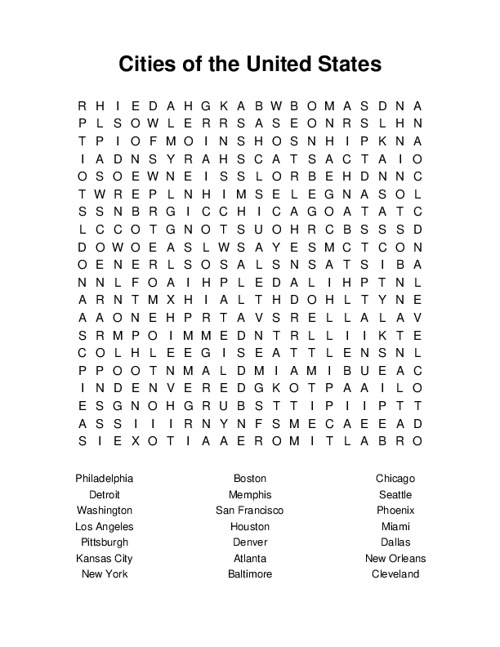 Cities of the United States Word Search Puzzle