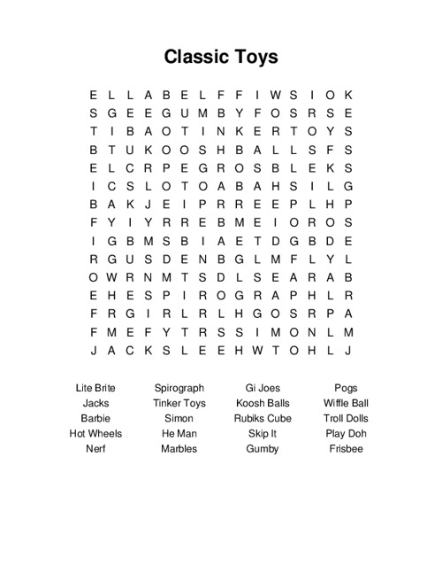 Classic Toys Word Search Puzzle