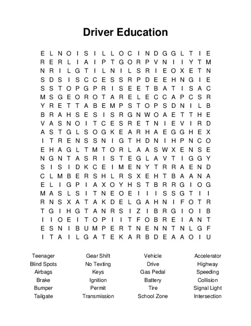 Driver Education Word Search Puzzle