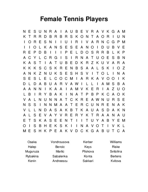 Female Tennis Players Word Search Puzzle