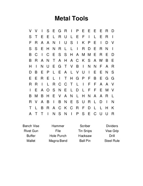 Metal Tools Word Search Puzzle