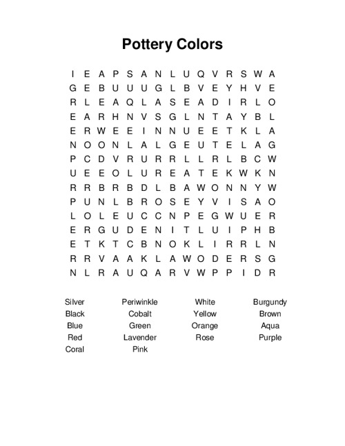 Pottery Colors Word Search Puzzle