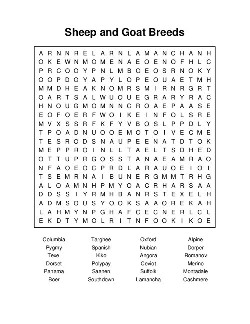 Sheep and Goat Breeds Word Search Puzzle