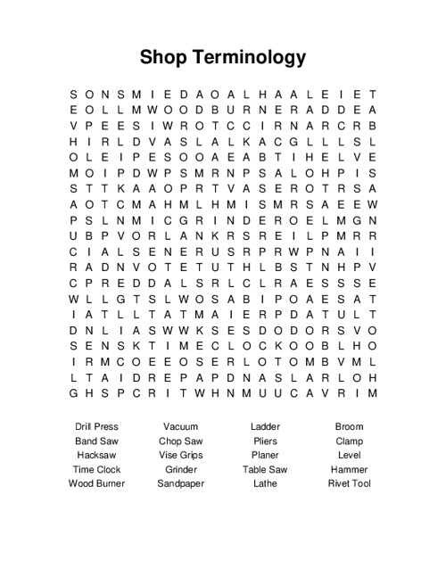 Shop Terminology Word Search Puzzle