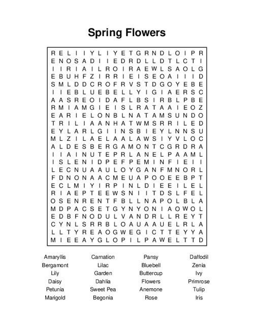 Spring Flowers Word Search Puzzle