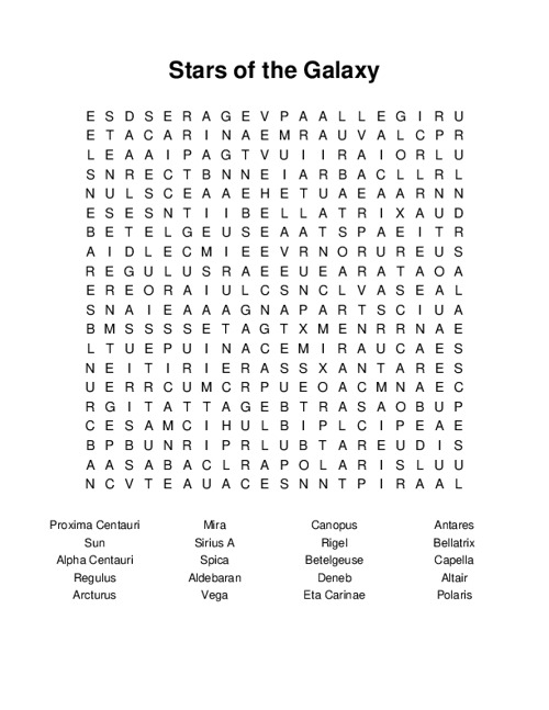 Stars of the Galaxy Word Search Puzzle