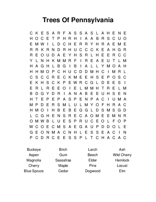 Trees Of Pennsylvania Word Search Puzzle