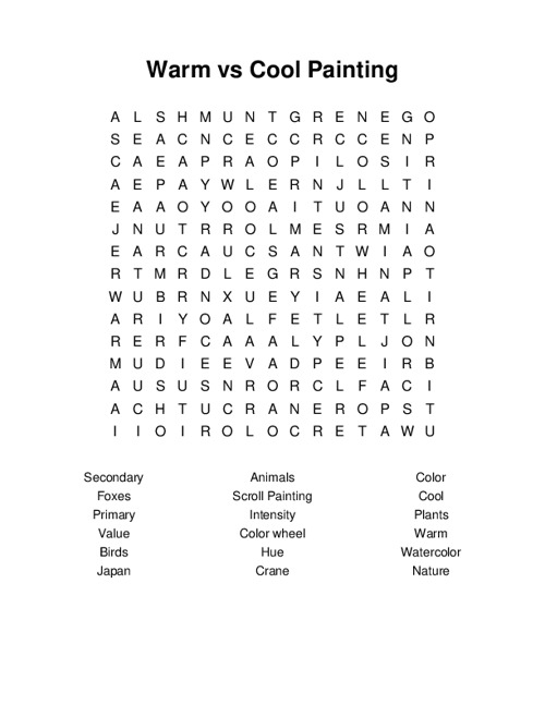 Warm vs Cool Painting Word Search Puzzle