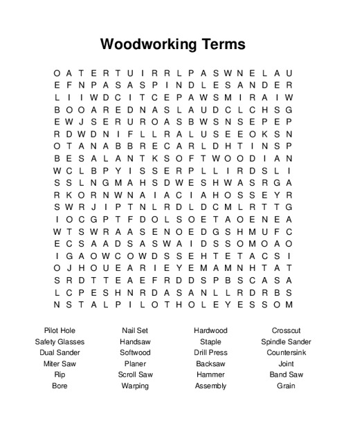 Woodworking Terms Word Search Puzzle