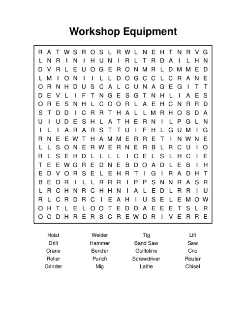 Workshop Equipment Word Search Puzzle