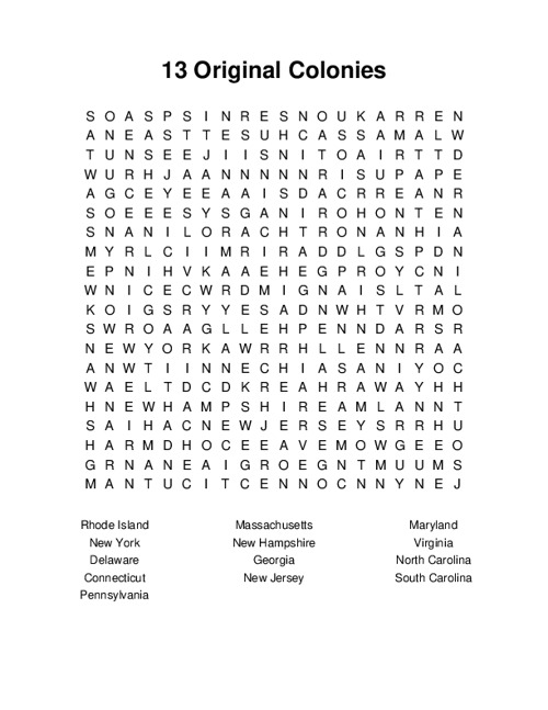 13 Original Colonies Word Search Puzzle