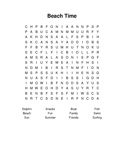 Beach Time Word Search Puzzle