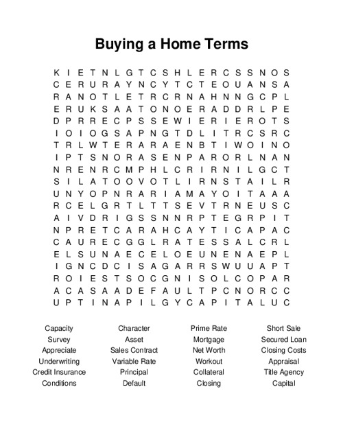 Buying a Home Terms Word Search Puzzle