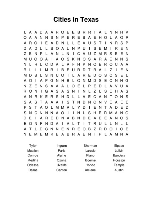 Cities in Texas Word Search Puzzle
