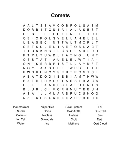 Comets Word Search Puzzle