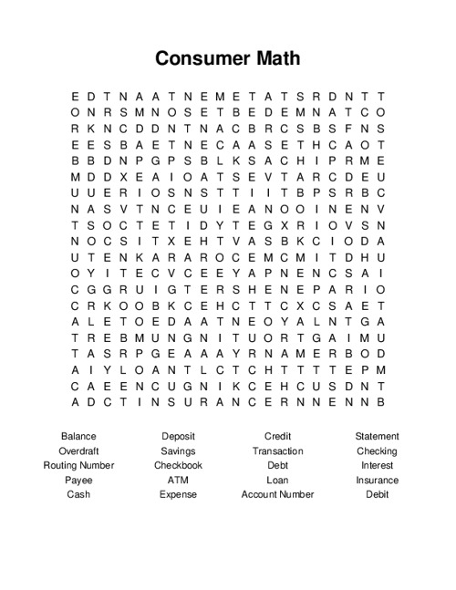 Consumer Math Word Search Puzzle
