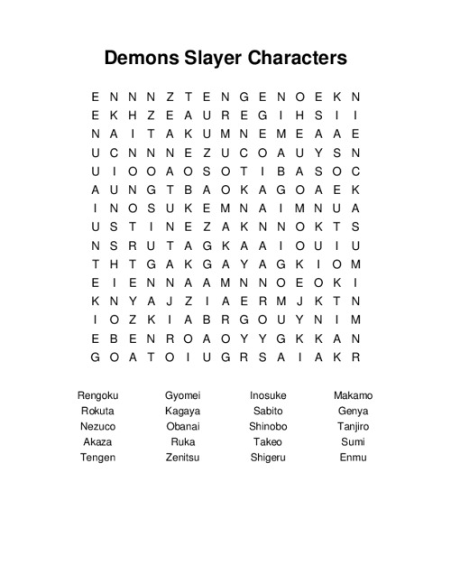 Demons Slayer Characters Word Search Puzzle