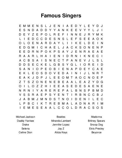 Famous Singers Word Search Puzzle
