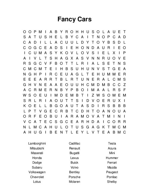 Fancy Cars Word Search Puzzle