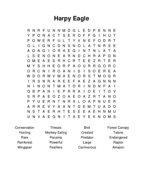 Harpy Eagle Word Search Puzzle