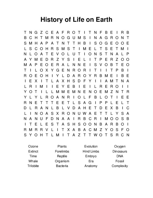 History of Life on Earth Word Search Puzzle