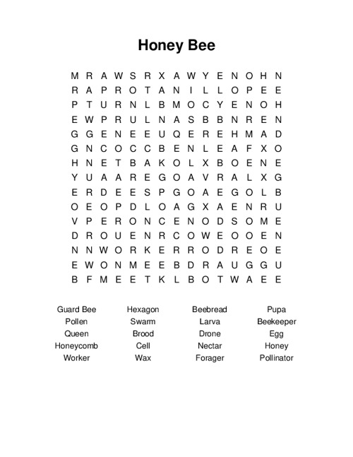 Honey Bee Word Search Puzzle
