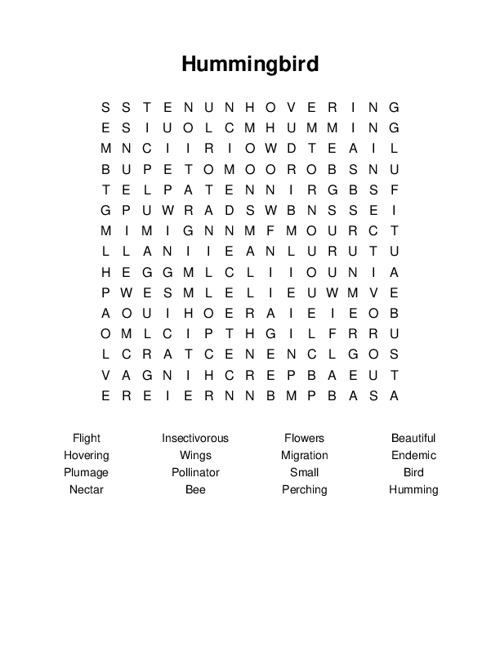 Hummingbird Word Search Puzzle