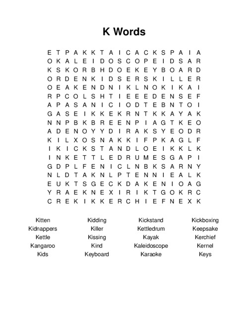 K Words Word Search Puzzle