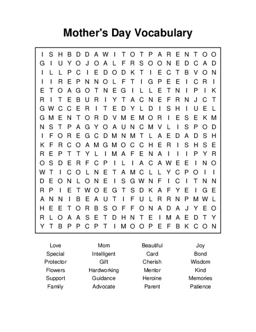 Mothers Day Vocabulary Word Search Puzzle