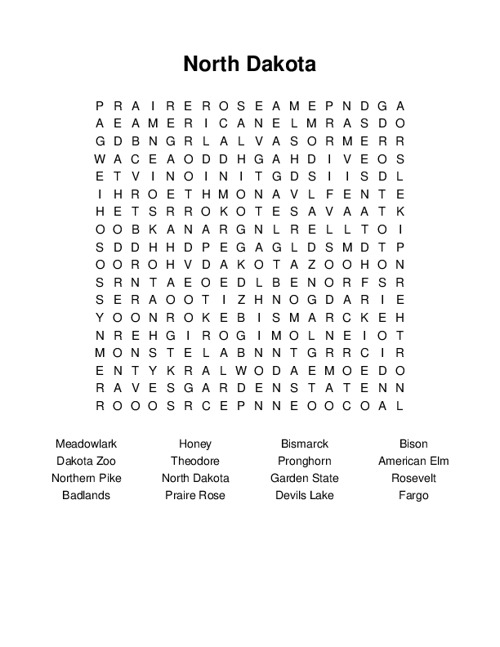 North Dakota Word Search Puzzle