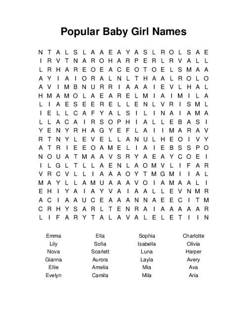 Popular Baby Girl Names Word Search Puzzle