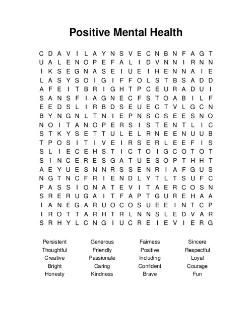 Positive Mental Health Word Search Puzzle