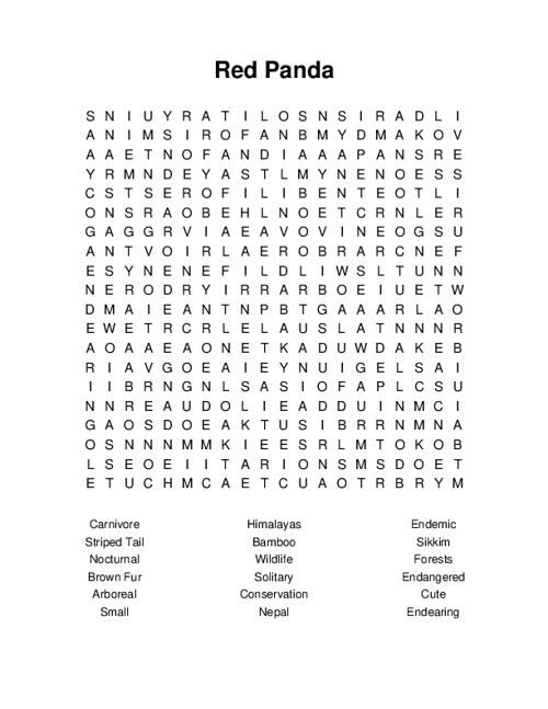 Red Panda Word Search Puzzle