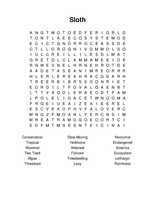 Sloth Word Search Puzzle