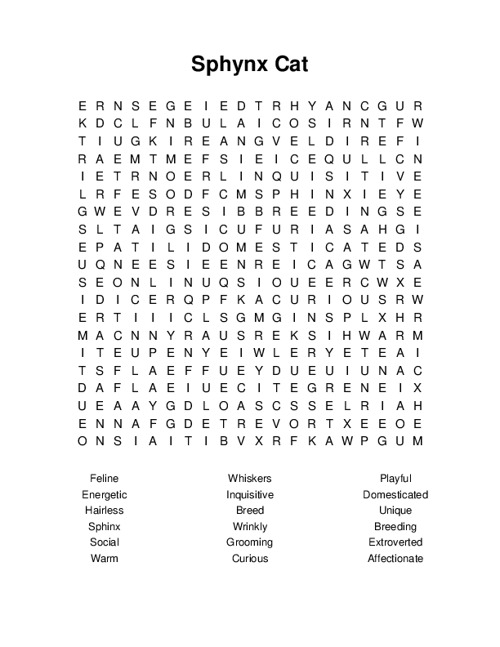 Sphynx Cat Word Search Puzzle