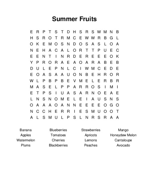 Summer Fruits Word Search Puzzle