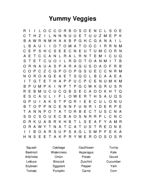 Yummy Veggies Word Search Puzzle