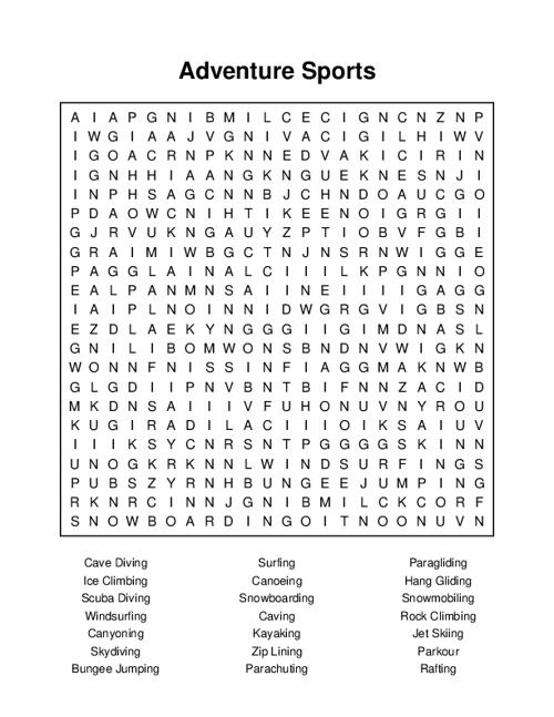 Adventure Sports Word Search Puzzle