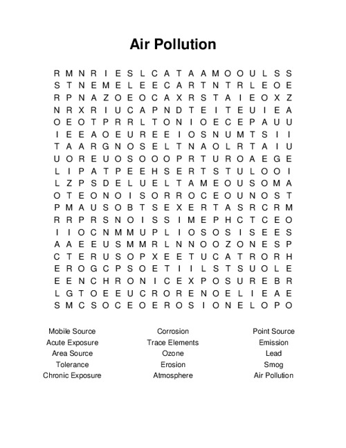 Air Pollution Word Search Puzzle